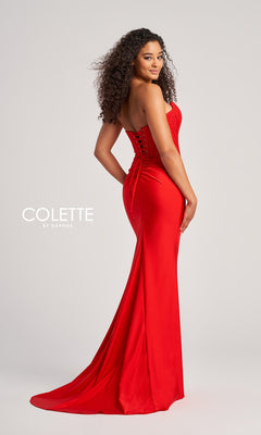 A woman poses in the Strapless Colette Long Designer Prom Dress CL5158, featuring a fitted silhouette, beaded corset bodice, and floor-length train against a plain light background. The text reads "COLETTE BY DAPHNE.