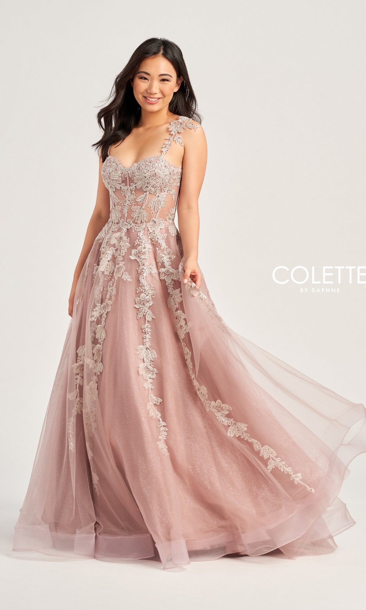 Metallic-Lace Colette Long Tulle Prom Dress CL5165