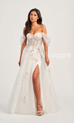 A woman models the Colette Off-the-Shoulder Lace Prom Dress CL5169, featuring white lace, sheer puff sleeves, floral embroidery, and a thigh-high slit.