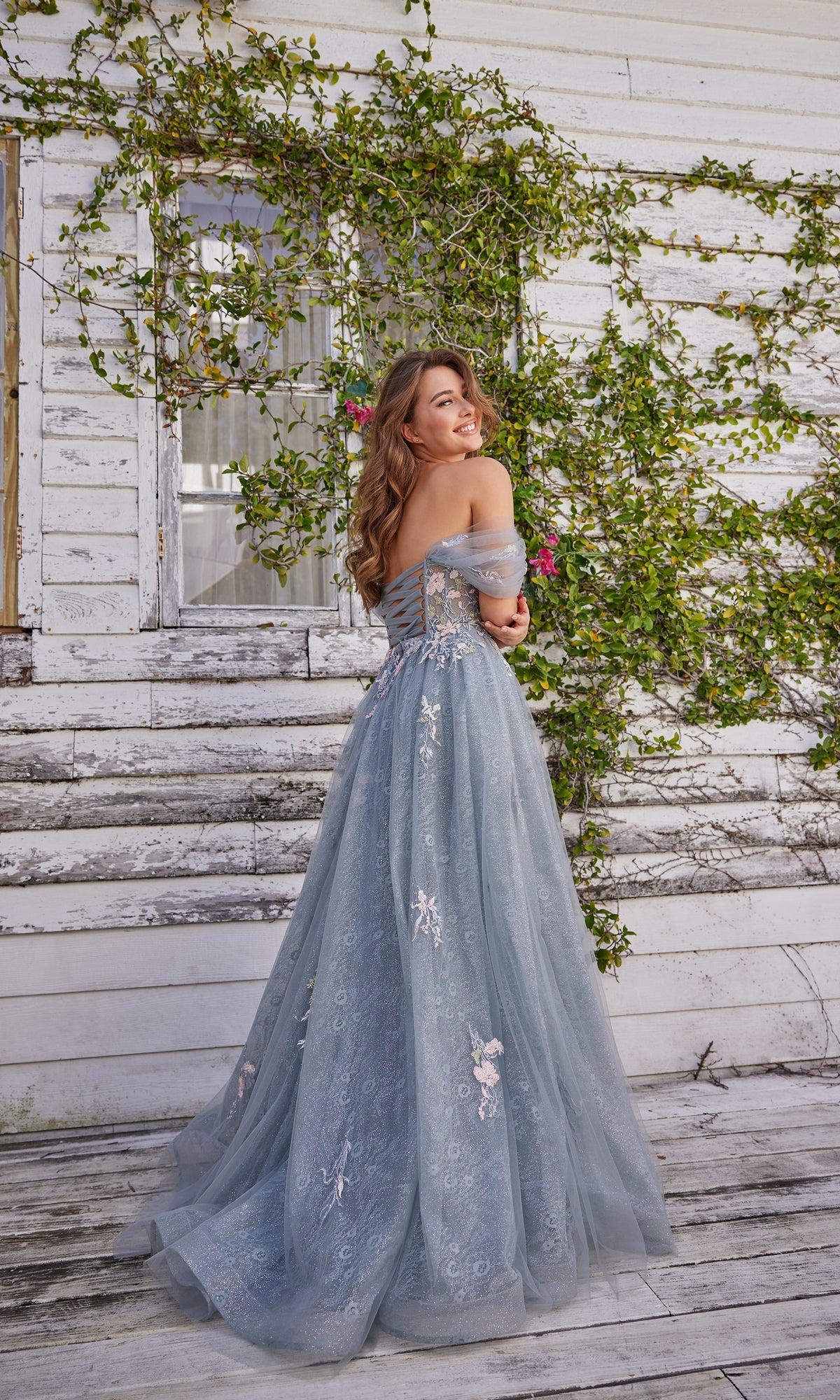 Off-the-Shoulder Long Tulle Prom Dress - PromGirl