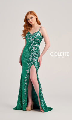 A woman with long red hair models the Colette Backless Long Sequin Prom Dress CL5196, featuring a green hue, thigh-high slit, and thin straps. She stands against a plain light background with "COLETTE BY DAPHNE" beside her.