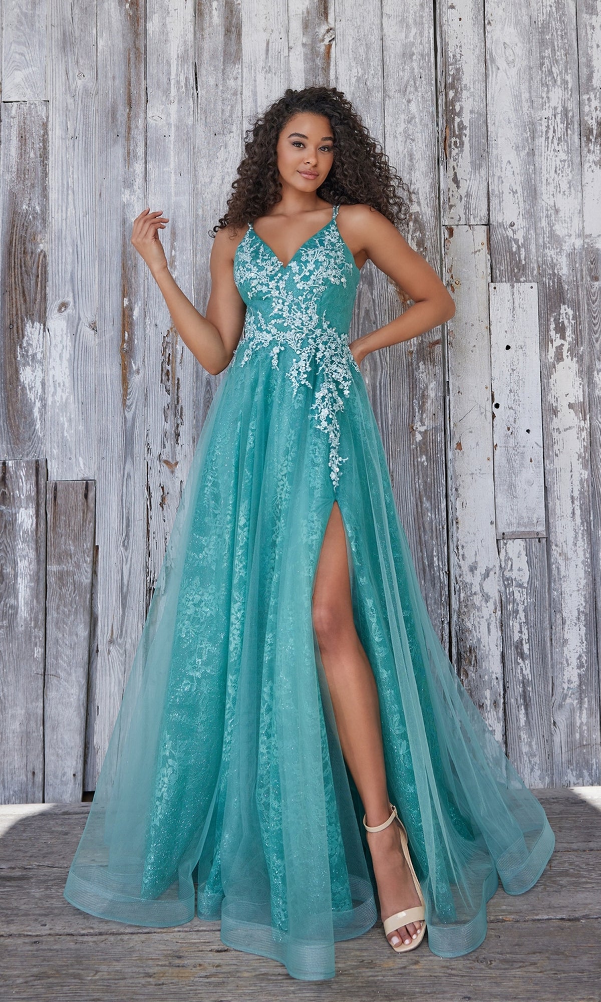 Long A-Line Prom Ball Gown with Glitter Lace- PromGirl