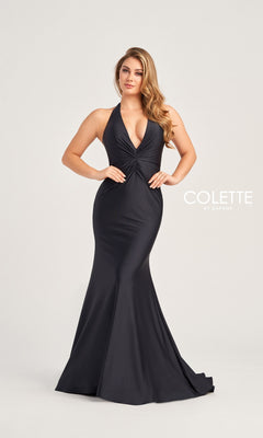 A woman poses against a plain light background in the Colette Front-Knot Long Halter Prom Dress CL5199, a sleeveless, floor-length black gown made of stretch spandex jersey with a deep V-neckline. "Colette by Daphne" is displayed on the right.