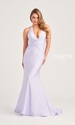 A woman models the Colette Front-Knot Long Halter Prom Dress CL5199 in lavender stretch spandex jersey, featuring a deep V-neckline and flared hem, against a light background. "Colette by Daphne" appears on the right.