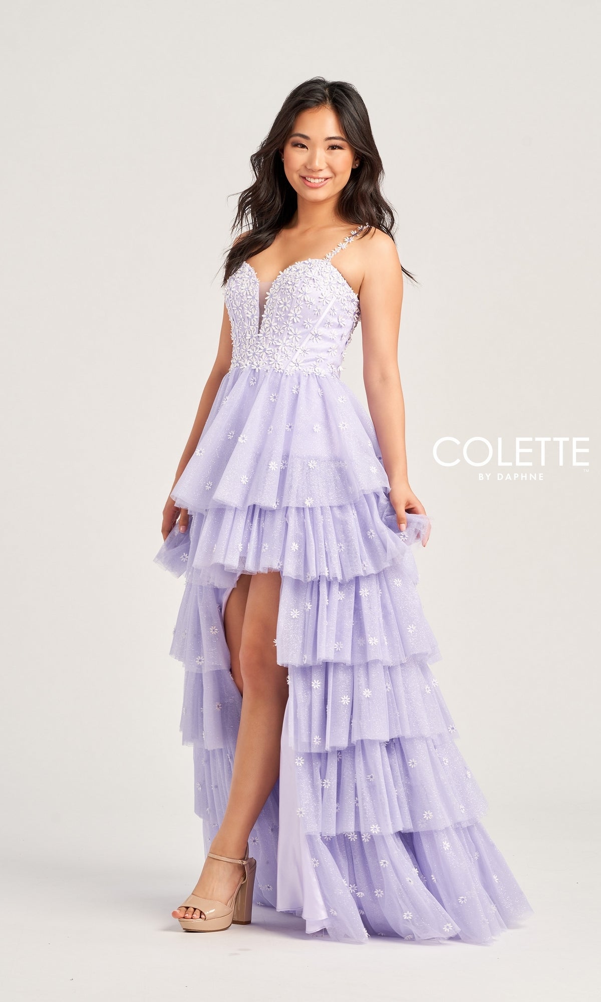 High-Low Tiered Prom Dress with Daisies