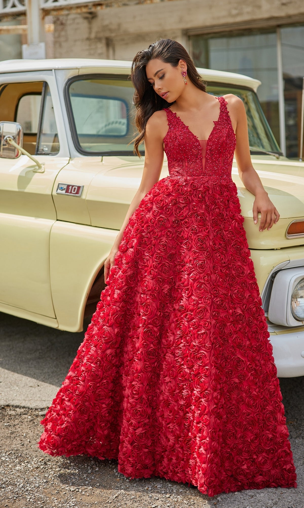 Long Red A-Line Prom Dress with Rosettes