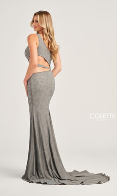 A woman poses sideways on a white background wearing the Colette Sheer-Waist One-Shoulder Prom Dress CL5281, a long fitted gray gown with silver beading and a cutout back. "COLETTE by Daphne" branding appears in the corner.