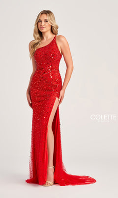 A woman poses against a plain light background wearing the Beaded Colette One-Shoulder Long Prom Dress CL5292, a sleeveless, floor-length red sequin gown with a thigh-high slit.