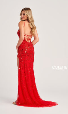 A woman stands facing away in the Beaded Colette One-Shoulder Long Prom Dress CL5292, featuring red sequins, a lace-up back, and side slit pockets, set against a plain light background.