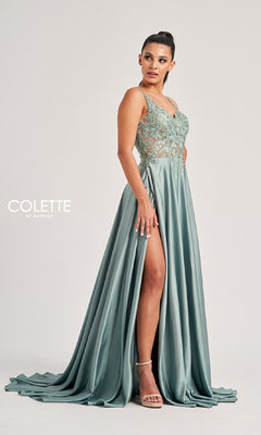 A woman models the Colette CL8160 long prom dress, featuring a sage green satin A-line skirt, lace bodice with v-neck embroidery, spaghetti straps, high slit, and elegant floor-length silhouette in a studio setting.