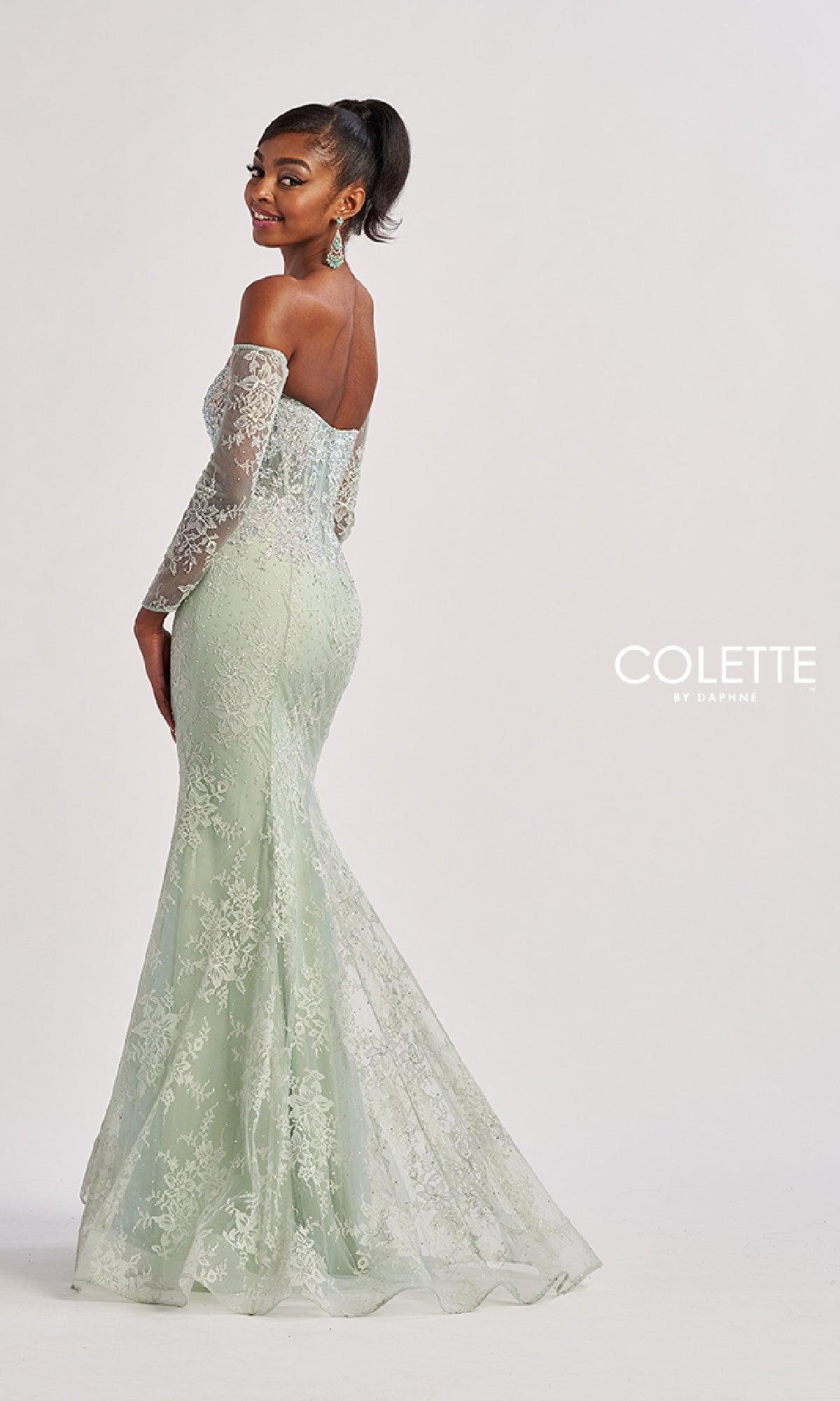 A woman faces backward in a light green Strapless Long Lace Prom Dress: Colette CL8415, featuring a fitted silhouette and long sleeves, set against a plain white background.