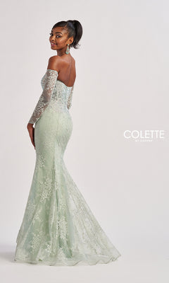 A woman faces backward in a light green Strapless Long Lace Prom Dress: Colette CL8415, featuring a fitted silhouette and long sleeves, set against a plain white background.