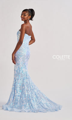 A woman poses in the Colette CL8440 Long Prom Dress—strapless, mermaid silhouette, boned corset bodice, light blue floral lace embroidery—against a plain background; the "Colette by Daphne" logo appears on the right.