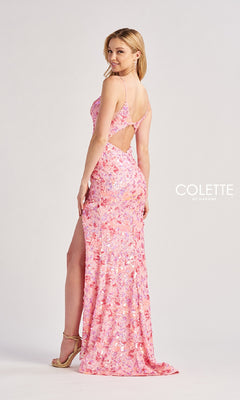 A woman in heels poses against a plain background wearing the fitted Long Prom Dress: Colette CL8465, a pink sequin gown featuring a thigh-high slit and open back, showcasing the "Colette by Daphne" logo.