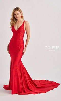 A woman wears the Colette CL8475 long prom dress—a fitted, sleeveless red mermaid gown with a long train and subtle embroidery—standing against a plain background. The "COLETTE by Daphne" logo is visible.