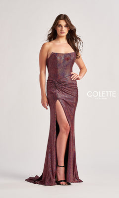 A woman wears the Colette by Daphne CL8490, a shimmering long prom dress with a high slit, sleeveless design, and ruched detailing.