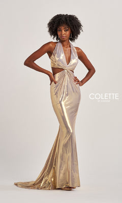 A woman poses in the Colette CL8505 long prom dress—a sleeveless, metallic gold halter gown featuring side cutouts, an open back, and a floor-length skirt. The Colette by Daphne logo is displayed on the right.