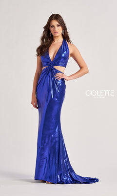 A woman poses against a plain background in the Colette CL8505, a shiny blue liquid lame halter prom dress with side cutouts, gathered waist detail, and floor-length design.