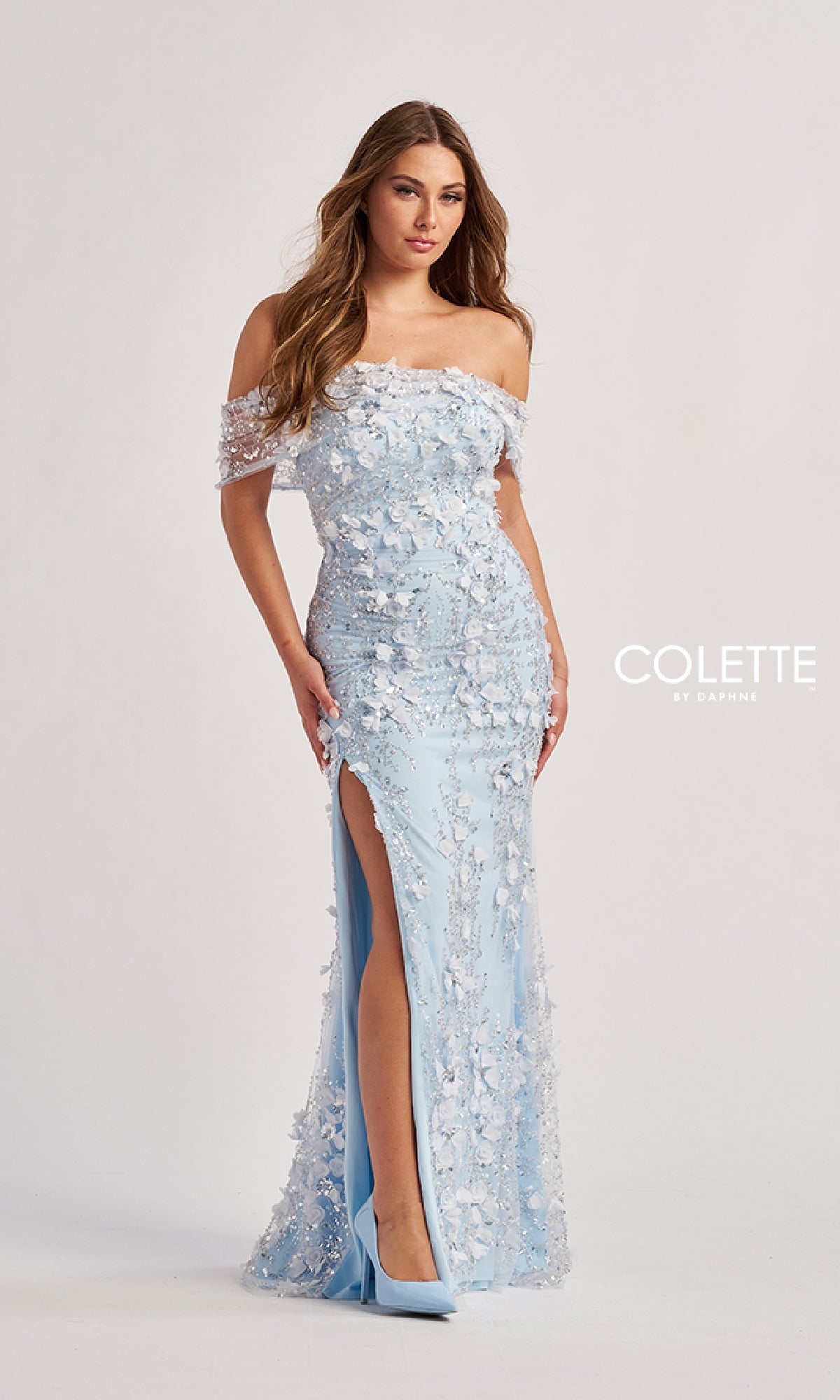 A woman wears the light blue 
