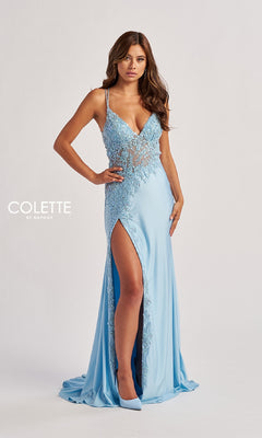 A woman stands against a plain background wearing the Colette CL8535, a light blue, floor-length prom dress with a v-neck, lace embroidery, spaghetti straps, and a high slit.