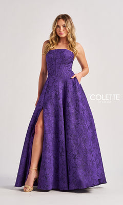 A woman models the Colette CL8675 long prom dress, featuring a purple strapless bodice, textured pattern, floor-length a-line skirt with high slit, against a plain background. "COLETTE by Daphne" appears on the right.