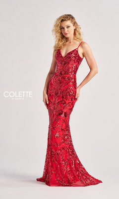 A woman poses against a plain background wearing the Long Prom Dress: Colette CL8685, a fitted, floor-length sequin gown with thin straps, intricate patterns, mermaid silhouette, and a slight train.