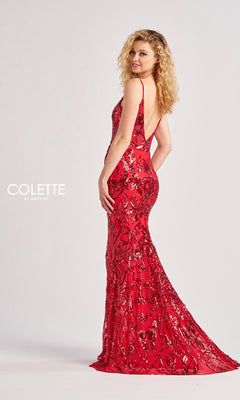A woman with curly blonde hair poses, looking over her shoulder, in the dazzling mermaid silhouette of the fitted, backless Long Prom Dress: Colette CL8685—a stunning red sequin gown.
