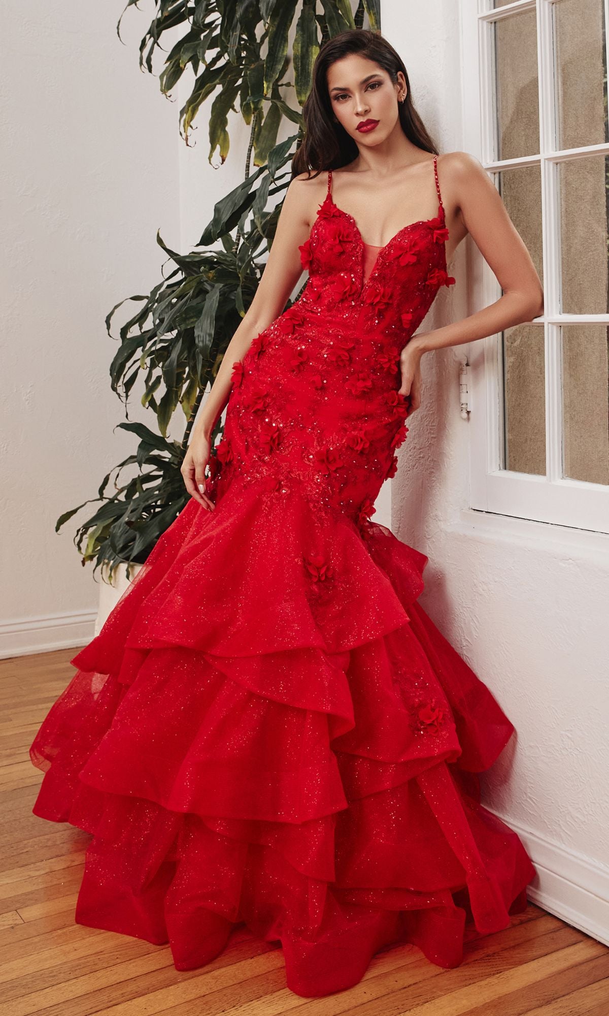 Tiered Long Red Mermaid Prom Dress CM329