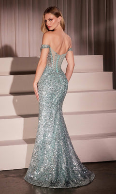 A woman poses on steps with a curtain backdrop, showcasing the Ladivine CM373 Off-Shoulder Long Sequin Prom Gown's fitted, backless style and elegant shimmer.