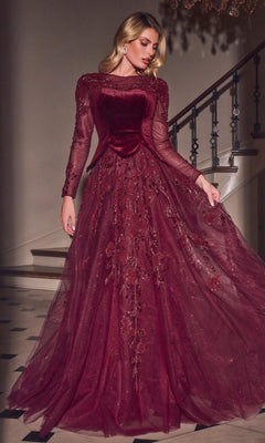 Long Formal Dress: Ladivine CM394 in burgundy, featuring a velvet long-sleeved bodice with floral embroidery and a full, flowing A-line glitter tulle skirt.