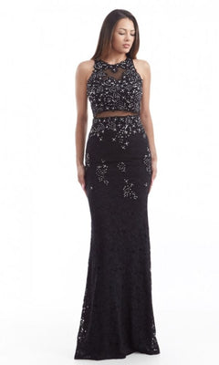 Mock Two-Piece Long Lace Prom Dress with Sheer Back Black / Large Mock Two-Piece Long Lace Prom Dress with Sheer Back Black / Large