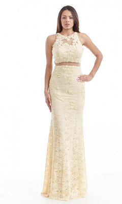 Mock Two-Piece Long Lace Prom Dress: Chicas CR4225 Dark Cream / XSmall Mock Two-Piece Long Lace Prom Dress: Chicas CR4225 Dark Cream / XSmall