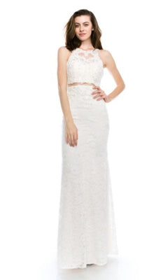 A woman wears the Chicas CR4225 Mock Two-Piece Long Lace Prom Dress, a sleeveless, high-neck white embroidered lace mermaid gown with a fitted skirt, posing against a plain white background.