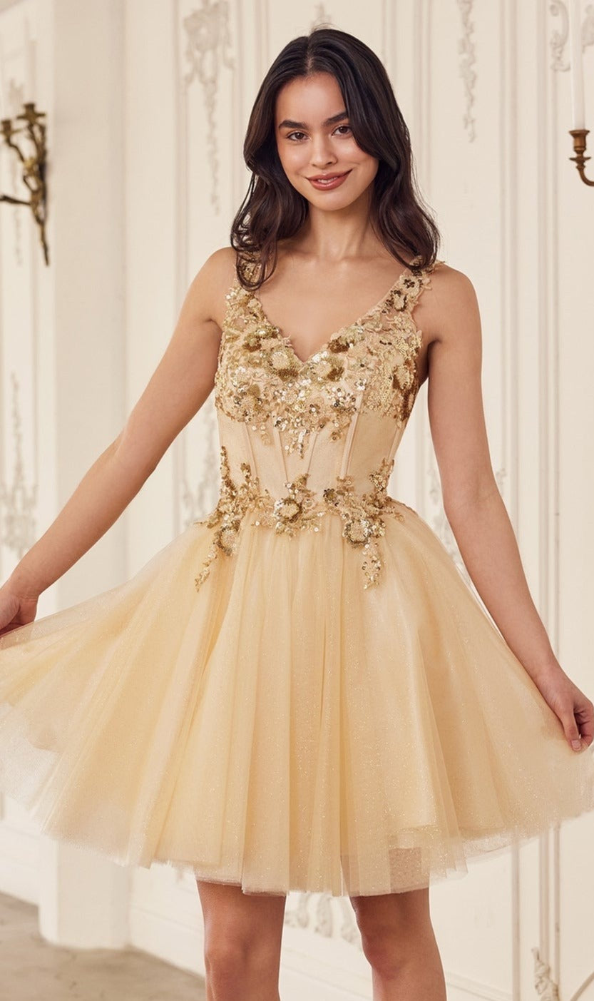A woman wears the Sequin-Corset Short A-Line Homecoming Dress CY019 in cream with gold floral embellishments, posing indoors against an ornate white wall.