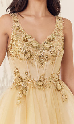 A woman wears the Sequin-Corset Short A-Line Homecoming Dress CY019, a sleeveless light yellow gown with gold floral embroidery and sequins, featuring a fitted sheer bodice styled like an affordable cocktail dress.
