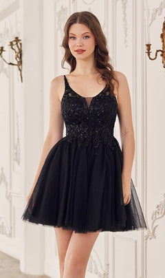 A woman stands indoors wearing the Lace-Up Short A-Line Homecoming Dress CY022, featuring a fitted beaded bodice and flared tulle skirt. She faces forward with her arms relaxed at her sides.