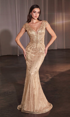A woman stands in a dimly lit room wearing the Ladivine CZ0029, a long beaded formal dress featuring cap sleeves, a deep V-neckline, intricate beadwork, and a graceful mermaid skirt.