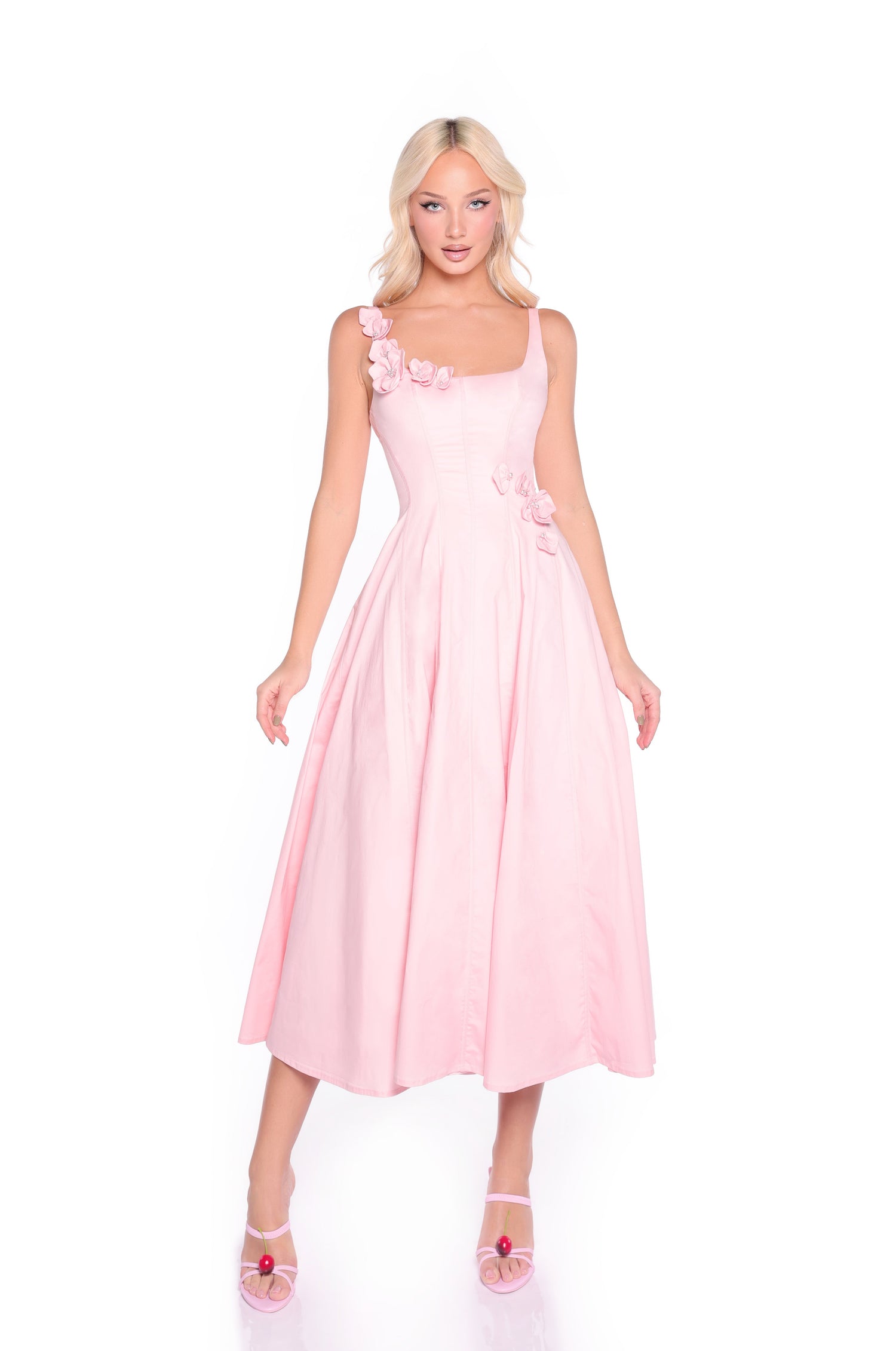Blush Pink A-Line Midi Casual Dress: Camellia Soft Blush / Medium Blush Pink A-Line Midi Casual Dress: Camellia Soft Blush / Medium