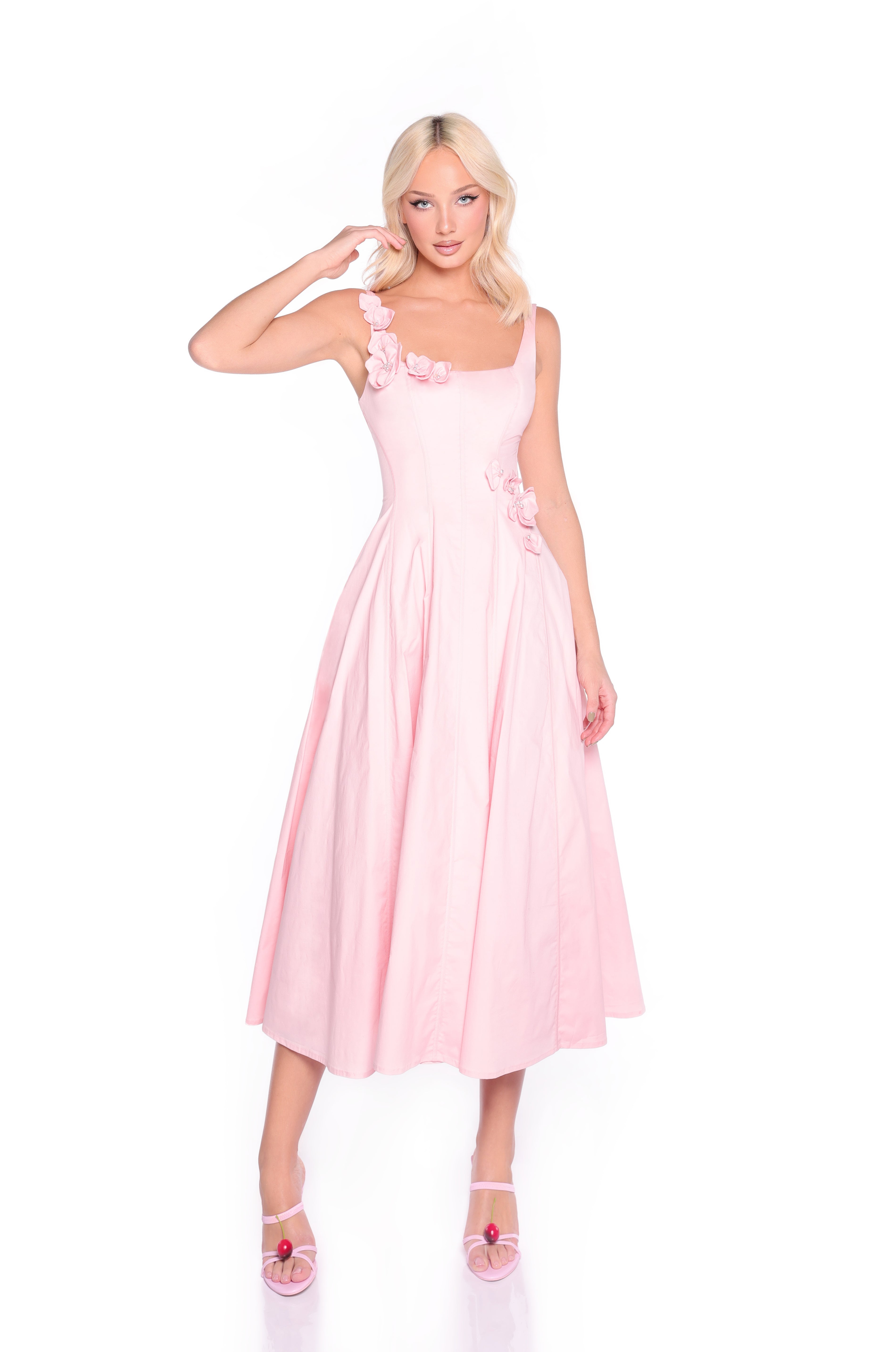 26ss Blossom Rose dress ピンク　ドレス　100size Sleeveless Pink Midi Wedding Guest Dress with Roses – PromGirl
