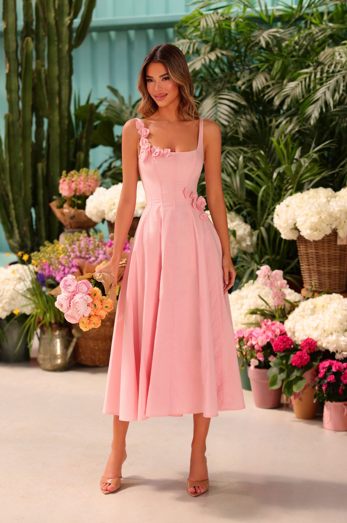Sleeveless Pink Midi Wedding Guest Dress with Roses– PromGirl