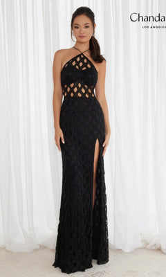 A woman stands in front of white curtains wearing the Long Prom Dress 30130 by Chandalier, featuring a high neck, lattice cutout bodice, and thigh-high slit.