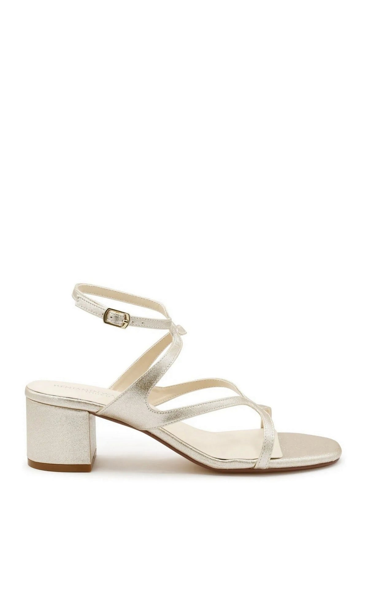 Cora Champagne Prom Shoes: Touch Ups 4723 are champagne-colored strappy sandals featuring an ankle buckle and a low block heel.