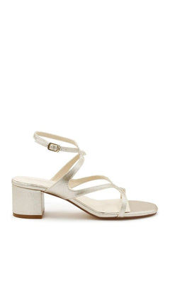 Cora Champagne Prom Shoes: Touch Ups 4723 are champagne-colored strappy sandals featuring an ankle buckle and a low block heel.