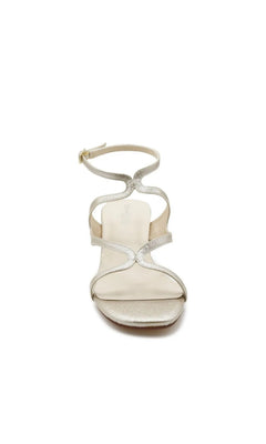 Cora Champagne Prom Shoes: Touch Ups 4723, a pair of champagne-colored block heel sandals featuring a strappy upper and an ankle strap with a buckle.