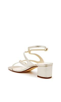 Cora Champagne Prom Shoes: Touch Ups 4723 are champagne-colored metallic strappy block-heel shoes.
