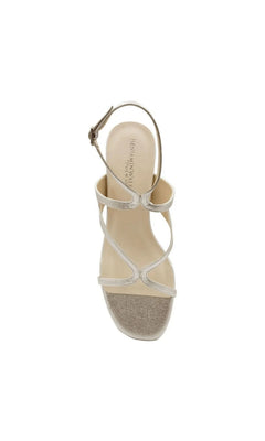 Cora Champagne Prom Shoes: Touch Ups 4723 are champagne-colored block heels featuring a glittery toe strap and a thin ankle strap.