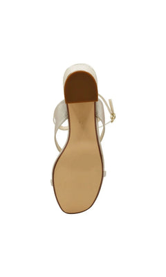 Bottom view of a gold-colored Cora Champagne Prom Shoes: Touch Ups 4723 featuring a strappy block heel.
