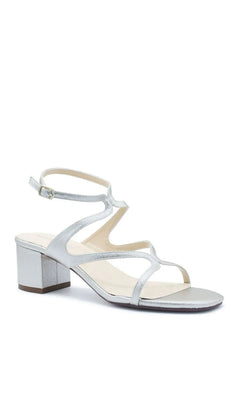 Cora Silver Block Heel Prom Shoes: Touch Ups 4722, silver open toe sandals with a block heel and an adjustable ankle strap.