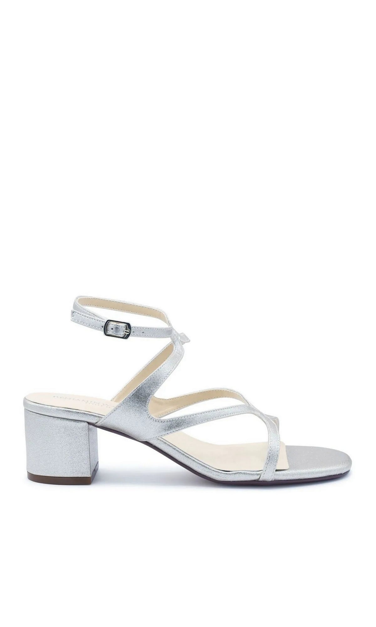 Cora Silver Block Heel Prom Shoes: Touch Ups 4722, featuring silver metallic block heels with thin, crisscross straps and an adjustable ankle buckle.