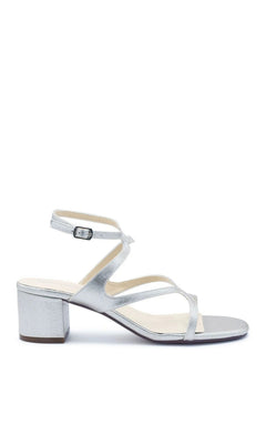 Cora Silver Block Heel Prom Shoes: Touch Ups 4722, featuring silver metallic block heels with thin, crisscross straps and an adjustable ankle buckle.